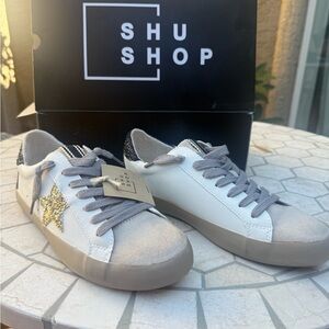 ShuShop White and Gold Women's Sneakers with black accents.  Brand New!